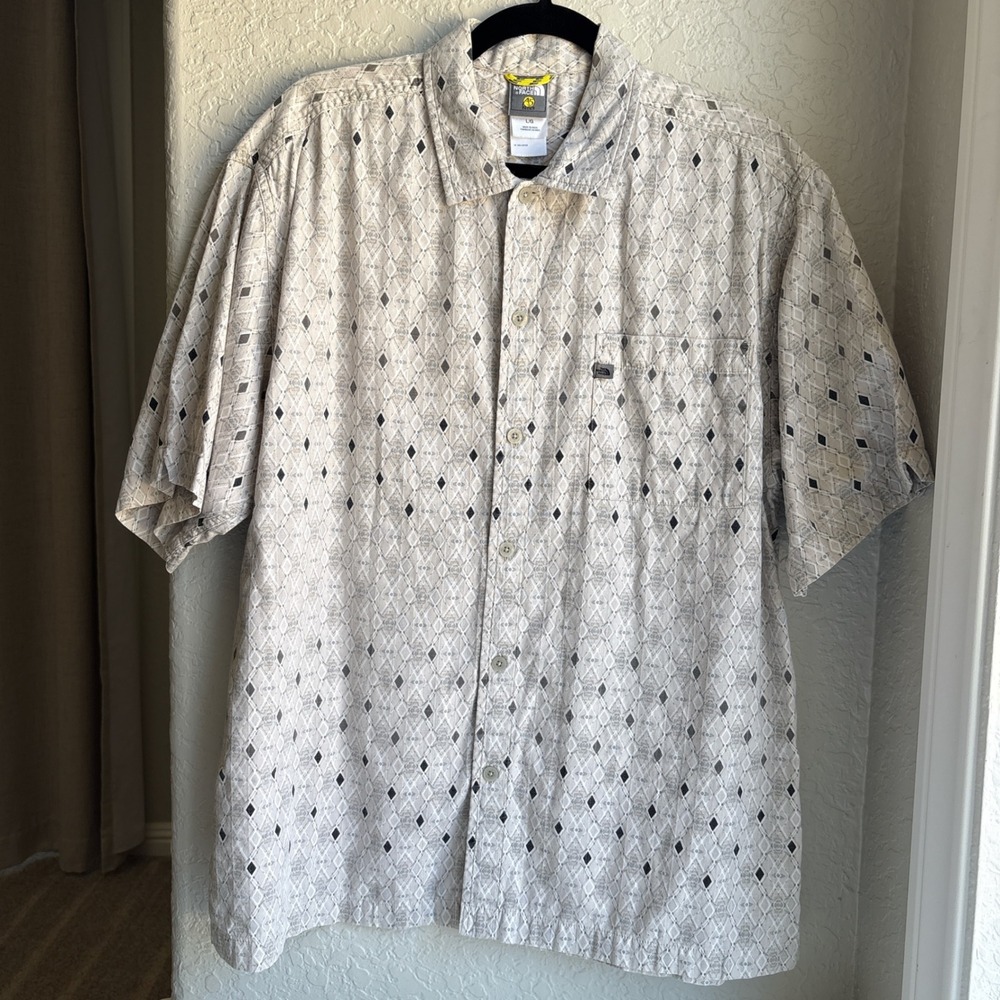 The North Face Mens L Cotton Shirt Short Sleeve Grey Diamond Boho A5 Series